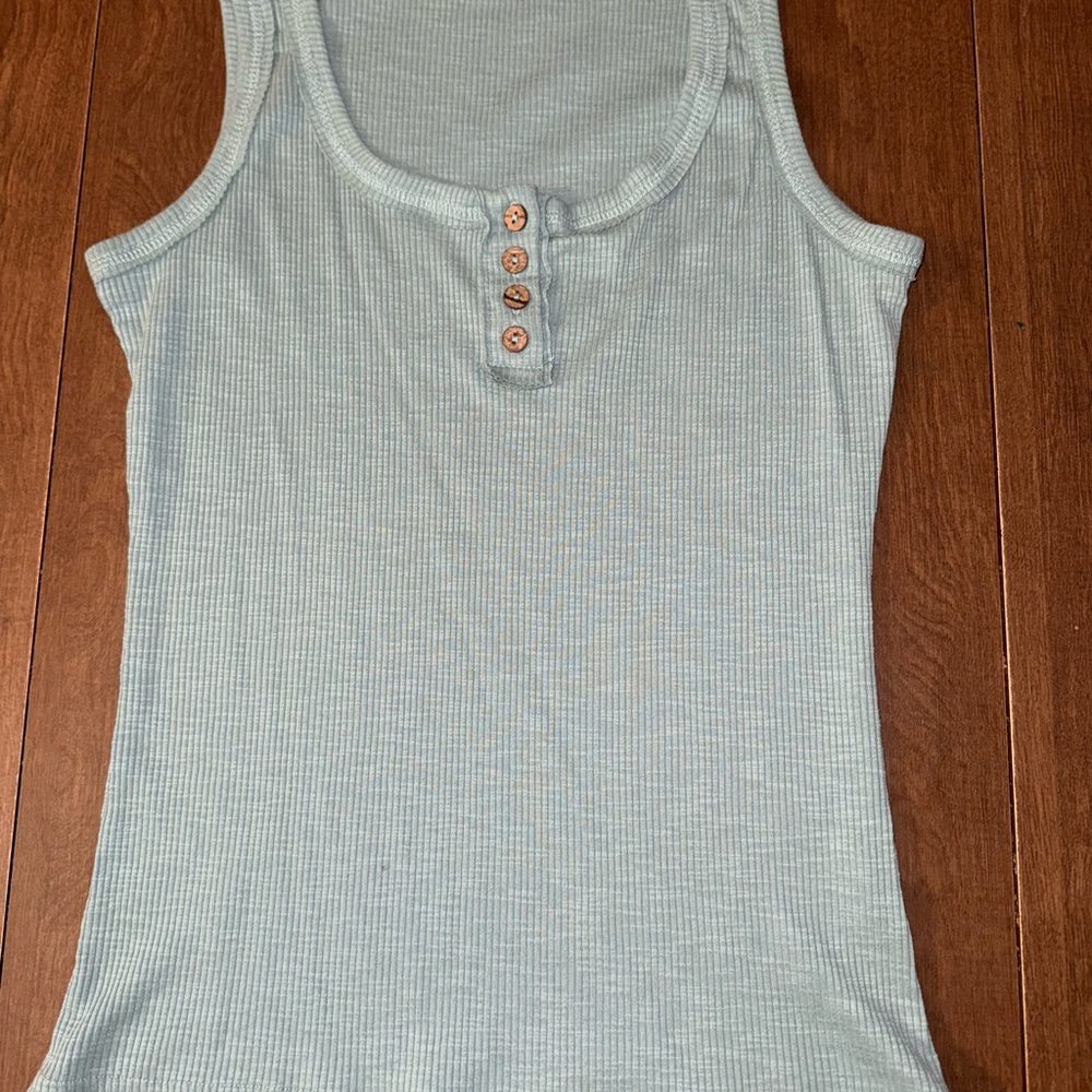 Sky Blue Ribbed Tank Top with Button Detail